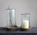 Glass Hurricane with Wood Base 13in ( set of 2)