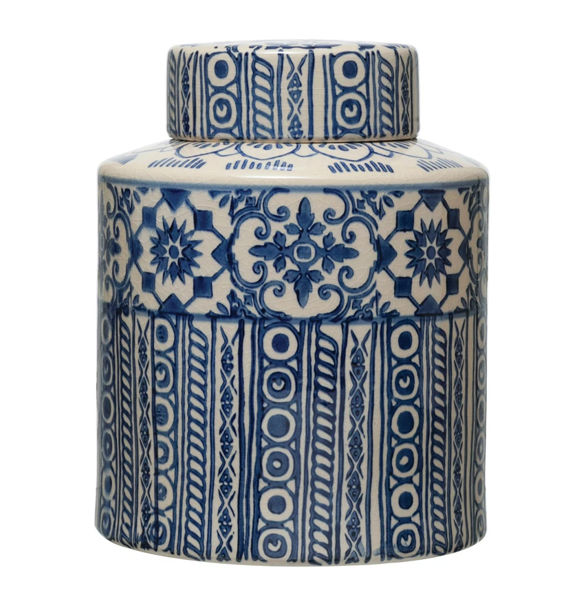 Decorative Stoneware Ginger Jar with Pattern 10in