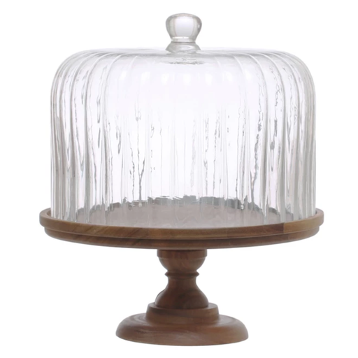 [174766-BB] Wood Footed Cake Stand With Glass Cloche