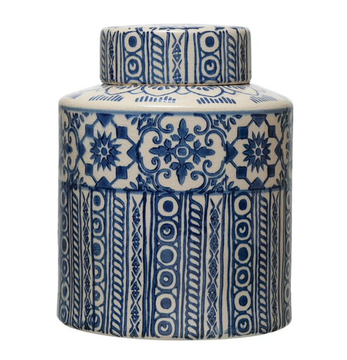 [164943-BB] Decorative Stoneware Ginger Jar with Pattern 10in