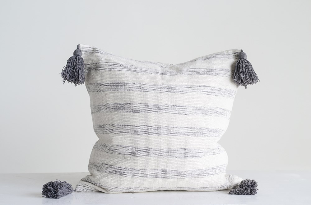 White &amp; Grey Stripe Pillow w Tassels 18in