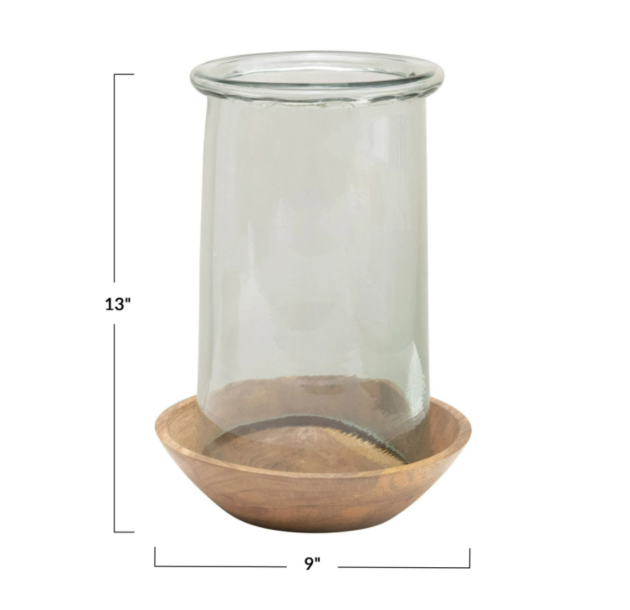 Glass Hurricane with Wood Base 13in ( set of 2)