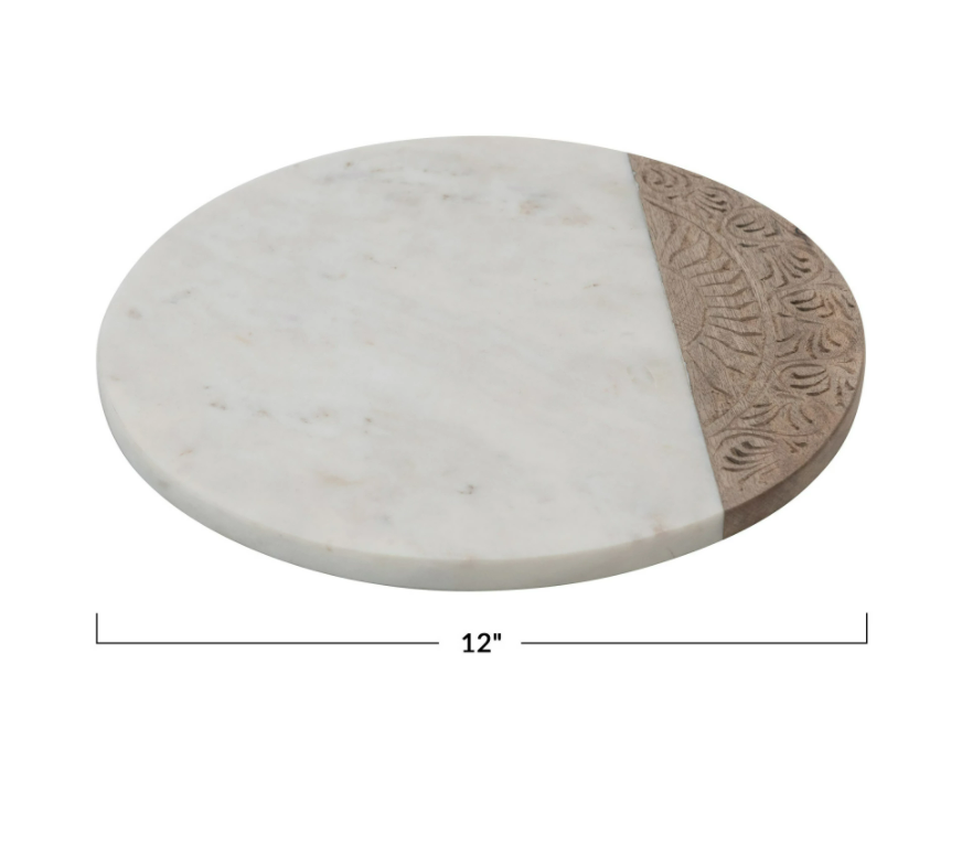 Round Marble and Hand-Carved Wood Serving Board