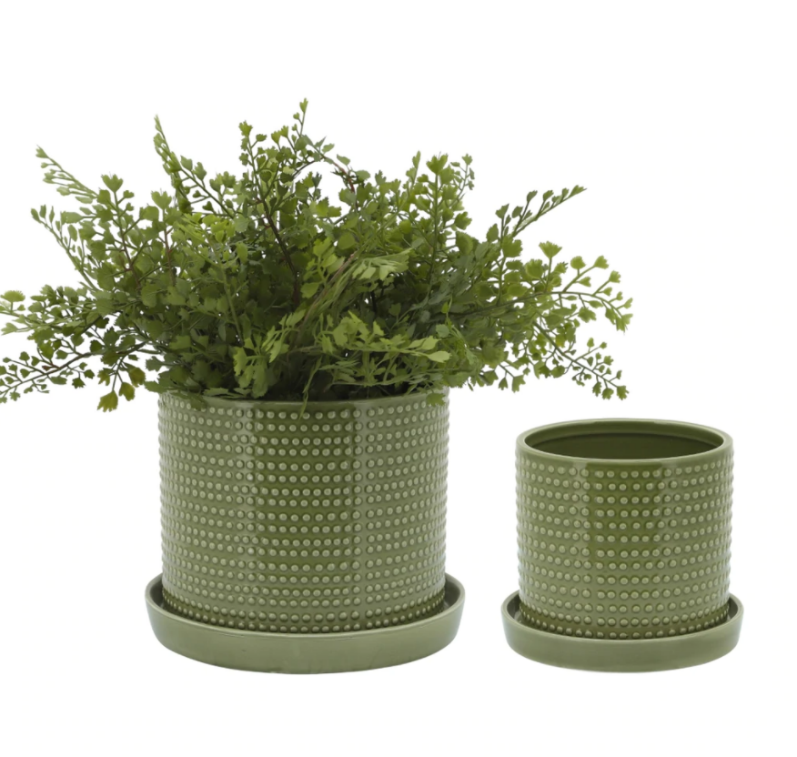 Green Dotted Planter with Saucer 8in