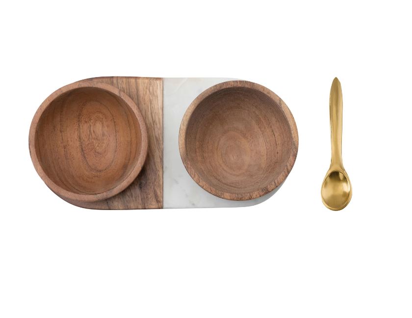 Marble & Acacia Wood Bowls & Brass Spoon