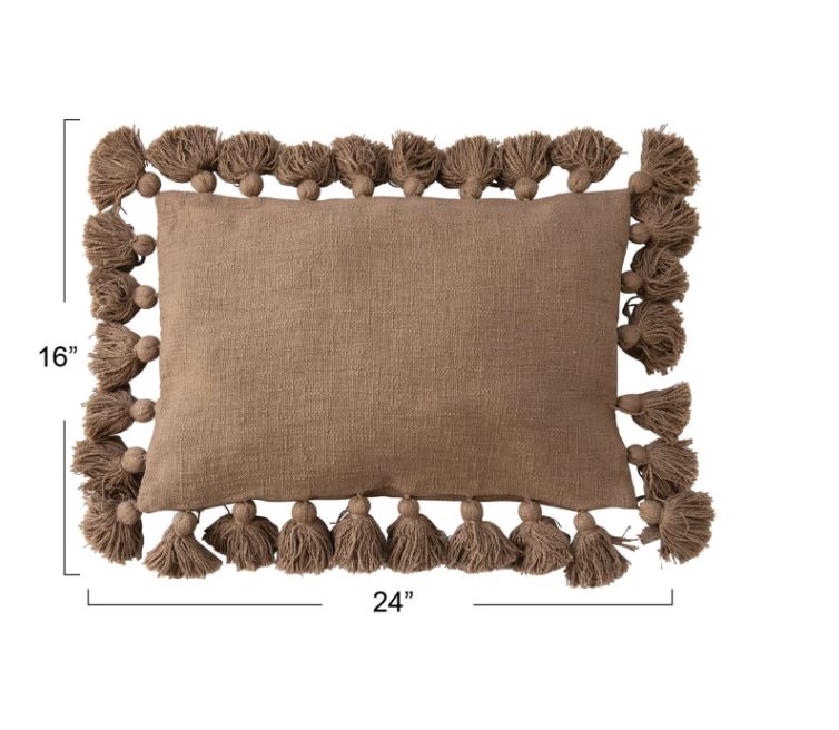 Brown Lumbar Pillow with Tassels 16x24in