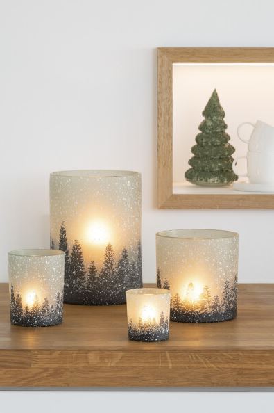 Snowy Tree Glass Hurricane Lg
