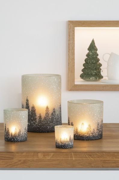 Snowy Tree Glass Hurricane Sm