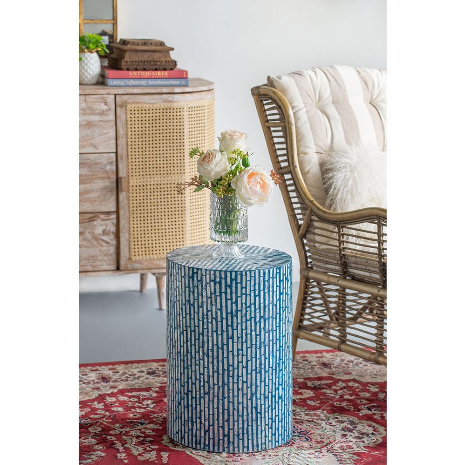 Blue Capiz Cylinder Stool 20in