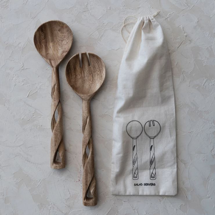 Hand-Carved Mango Wood Salad Servers w/ Twisted Handles, Set of 2 in Printed Drawstring Bag