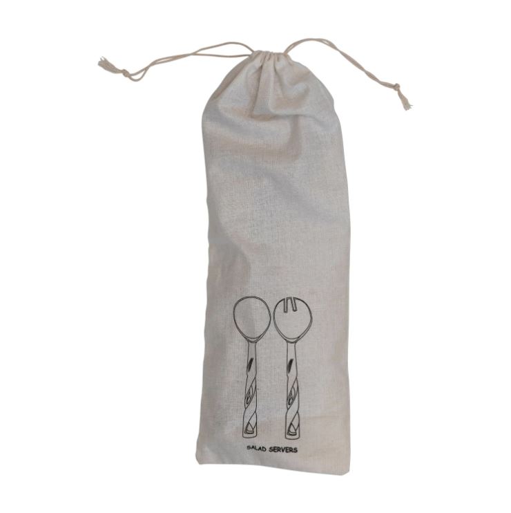 Hand-Carved Mango Wood Salad Servers w/ Twisted Handles, Set of 2 in Printed Drawstring Bag