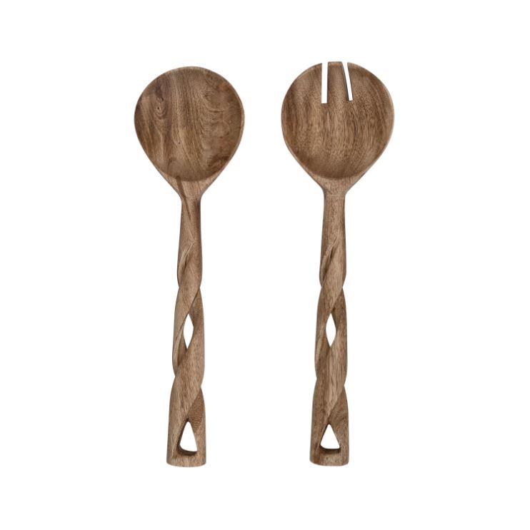 Hand-Carved Mango Wood Salad Servers w/ Twisted Handles, Set of 2 in Printed Drawstring Bag