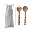 Hand-Carved Mango Wood Salad Servers w/ Twisted Handles, Set of 2 in Printed Drawstring Bag