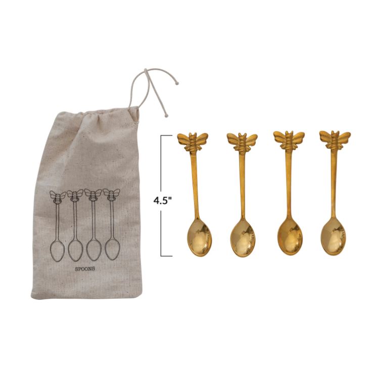 Brass Spoons w/ Bees, Set of 4 in Printed Drawstring Bag