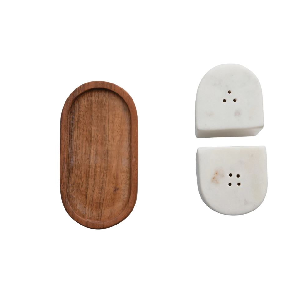 Marble Salt & Pepper Shakers w/ Acacia Wood Tray, White & Natural, Set of 3