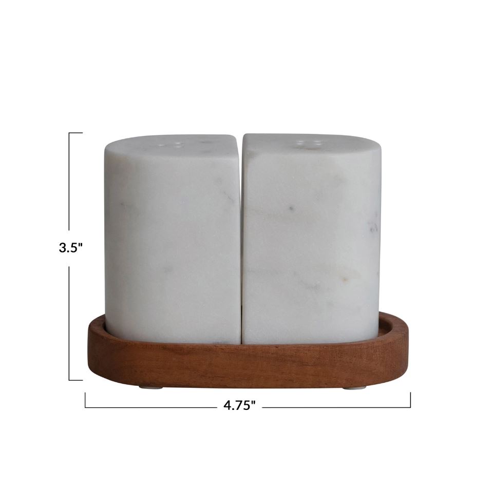 Marble Salt & Pepper Shakers w/ Acacia Wood Tray, White & Natural, Set of 3