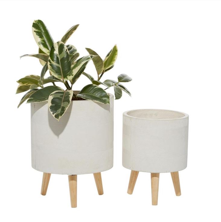 White Cement Footed Round Planter 13in