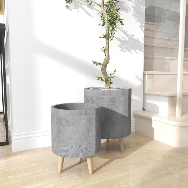 Grey Cement Footed Round Planter 13in