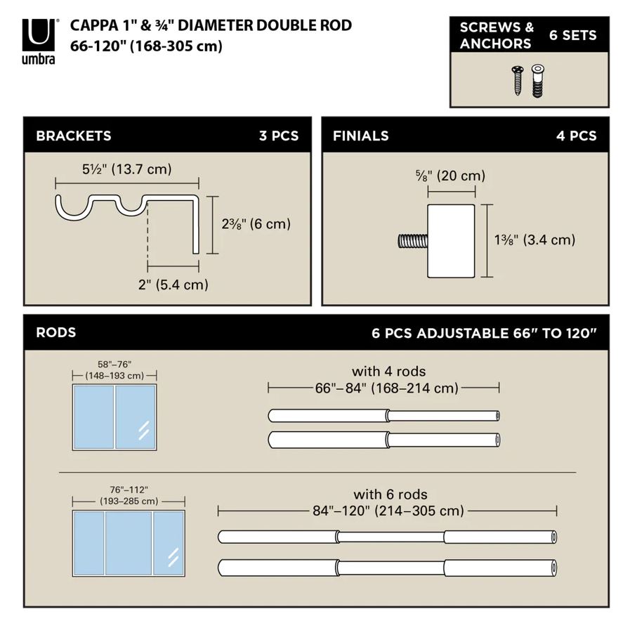 Cappa Double Rod 66-120 inch Black