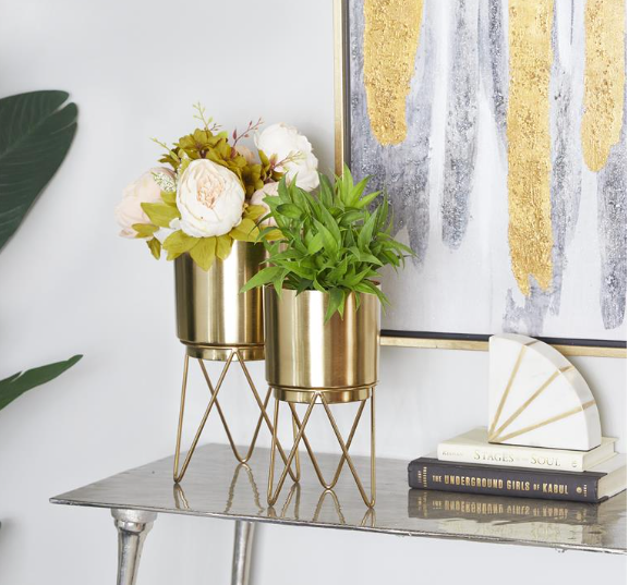 Gold Metal Planter On Stand 10in