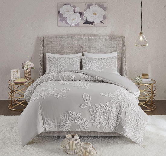 Veronica 3 Piece Tufted Cotton Chenille Floral King Comforter Set Grey