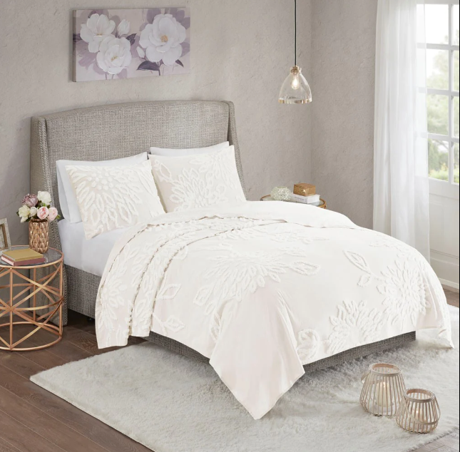 Veronica 3 Piece Tufted Cotton Chenille Floral King Comforter Set Off-White