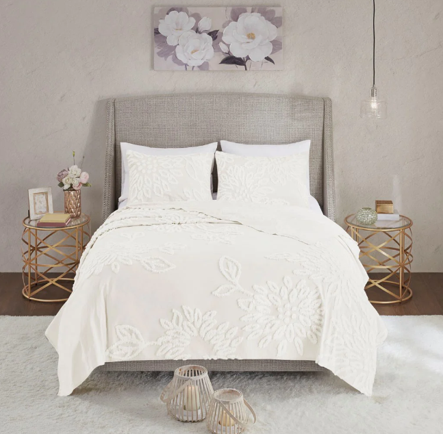 Veronica 3 Piece Tufted Cotton Chenille Floral King Comforter Set Off-White