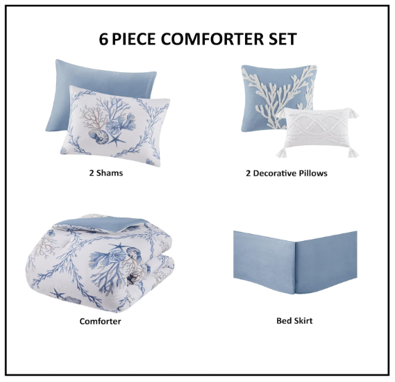 Pismo Beach 6 Piece Oversized Cotton Queen Comforter Set with Throw Pillows
