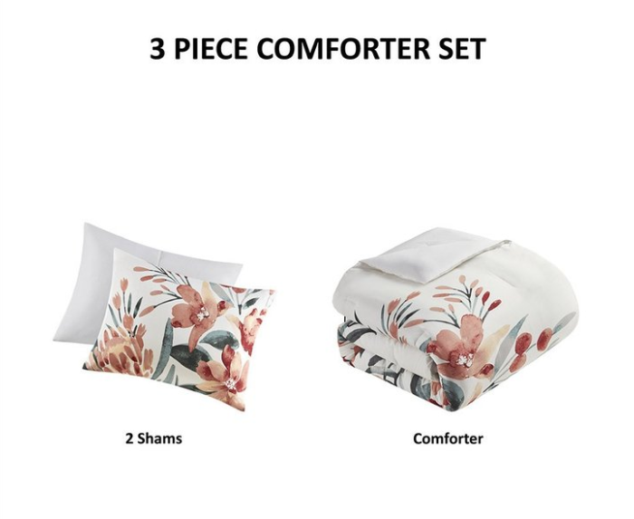 Dahlia 3 Piece Floral Cotton King  Comforter Set