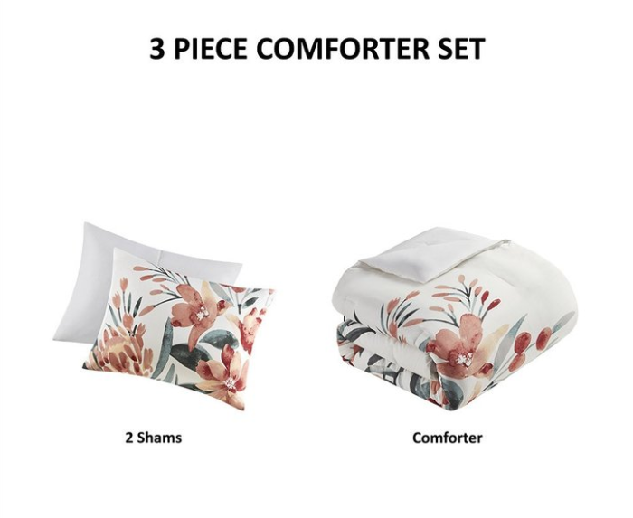 Dahlia 3 Piece Floral Cotton Queen Comforter Set