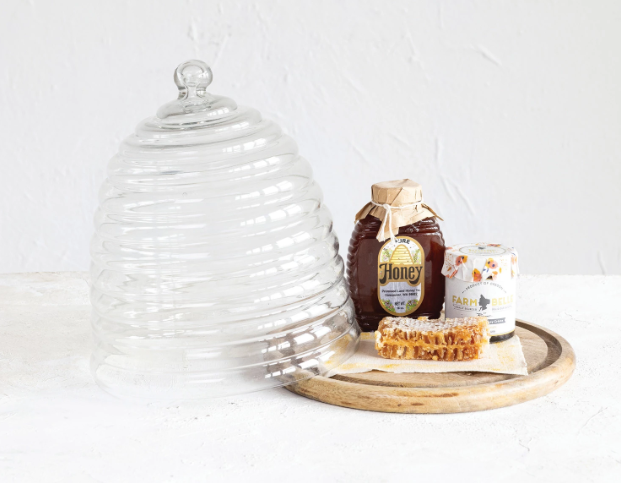 Beehive Shaped Glass Cloche With Wood Stand 11in