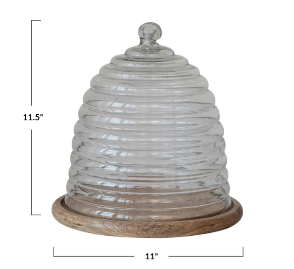 Beehive Shaped Glass Cloche With Wood Stand 11in