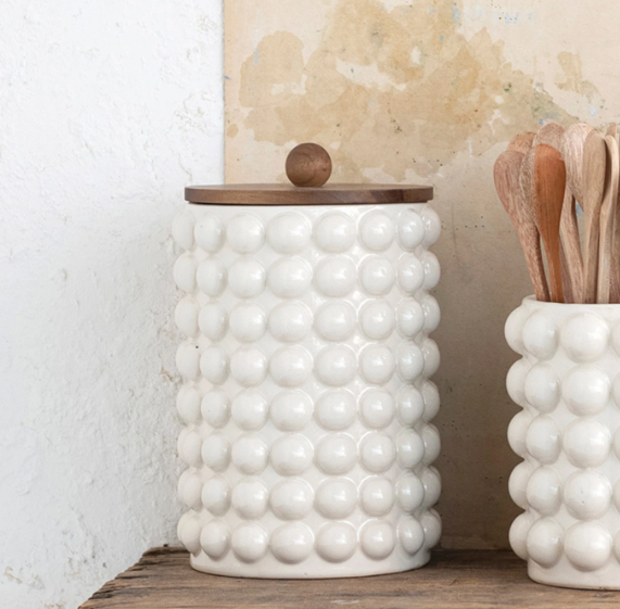 Hobnail Stoneware Canister With Wood Top 10.5in