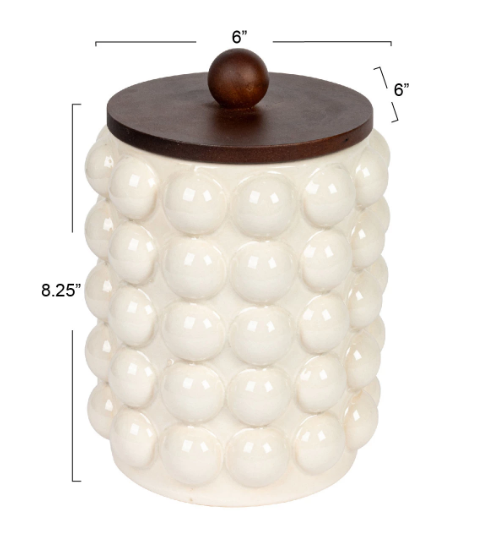 Hobnail Stoneware Canister With Wood Top 8.25in