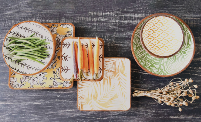 Verdant Enameled Acacia Wood Bowls