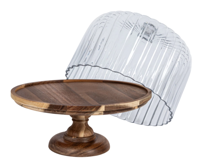 Wood Footed Cake Stand With Glass Cloche
