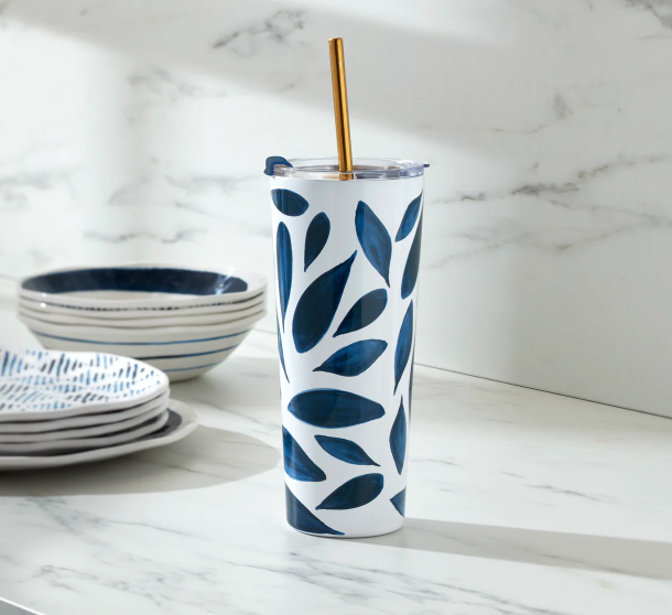 Lenox Blue Bay Leaf Print Insulated Tumbler 