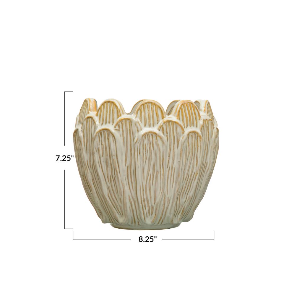 Debossed Stoneware Flower Shaped Planter, Reactive Glaze, Cream 7.25"