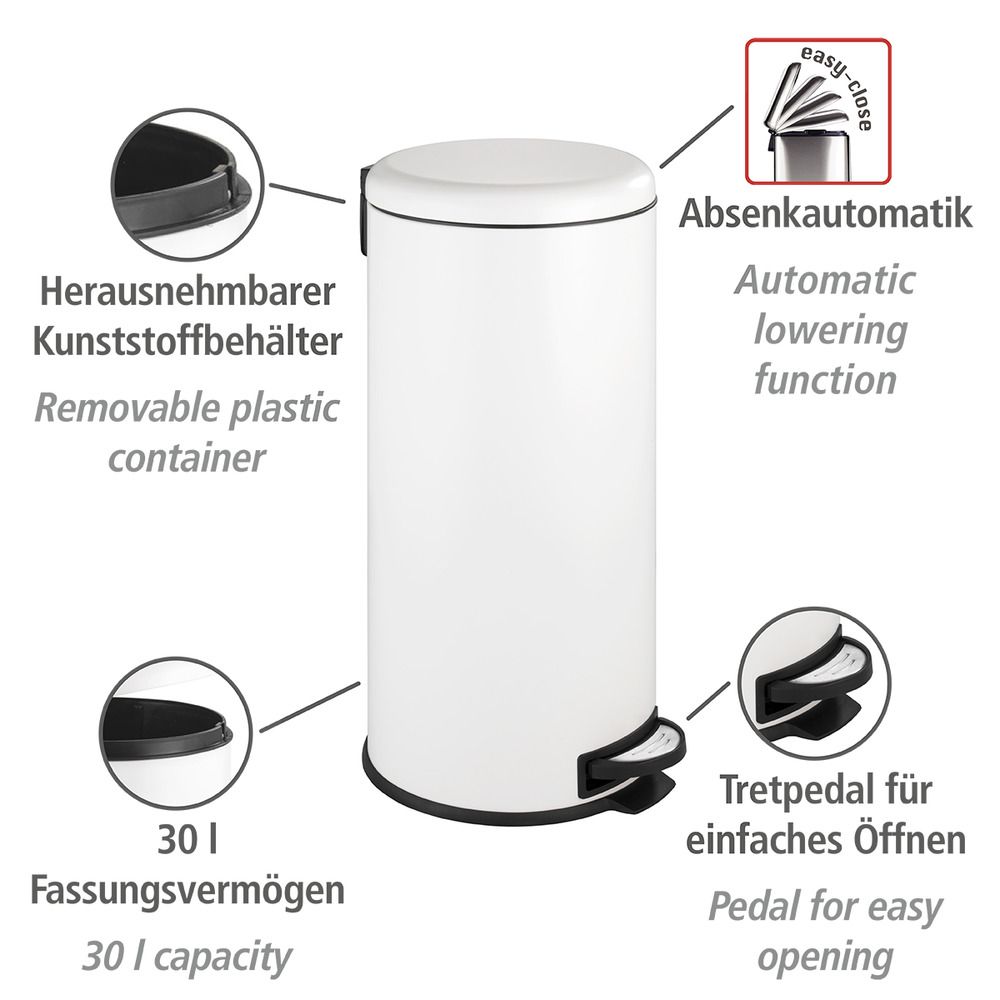 Leman Easy-Close Pedal Bin White 30L