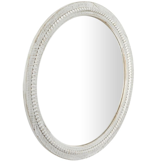 Carved Wood Wall Mirror With Whitewashed Beaded Frame 36in