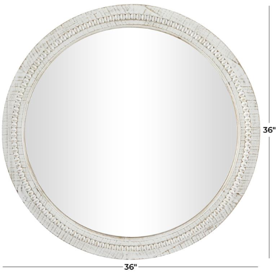 Carved Wood Wall Mirror With Whitewashed Beaded Frame 36in