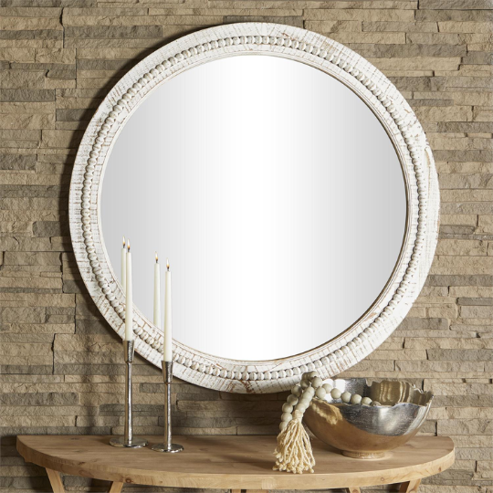 Carved Wood Wall Mirror With Whitewashed Beaded Frame 36in
