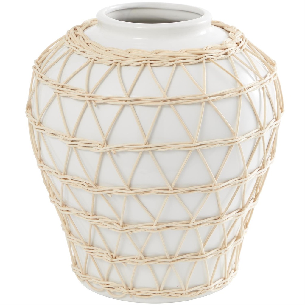 Ceramic Vase With Woven Rattan Exterior 12in