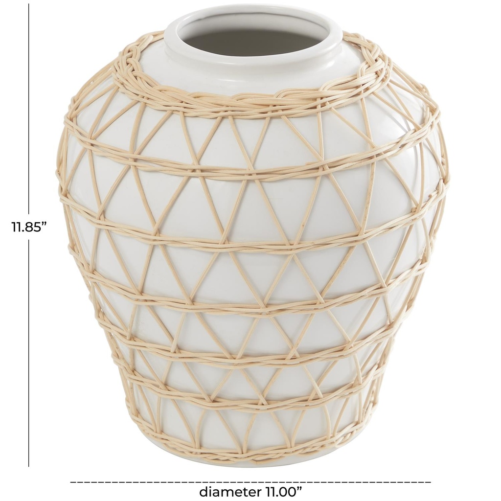 Ceramic Vase With Woven Rattan Exterior 12in