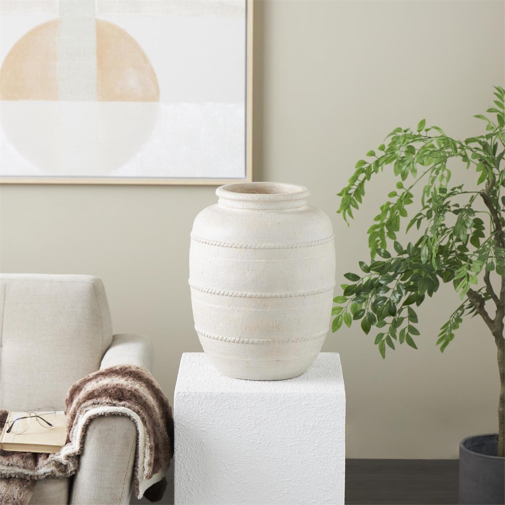 Distressed Vase With Raised Braided Accents Cream 18in