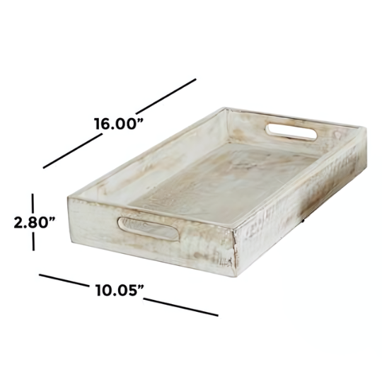 Mango Whitewashed Tray With Carved Mandala 16in