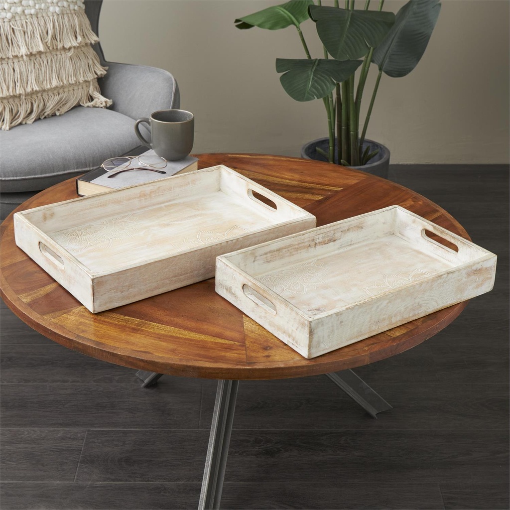 Mango Whitewashed Tray With Carved Mandala 16in