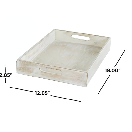Mango Whitewashed Tray With Carved Mandala 18in