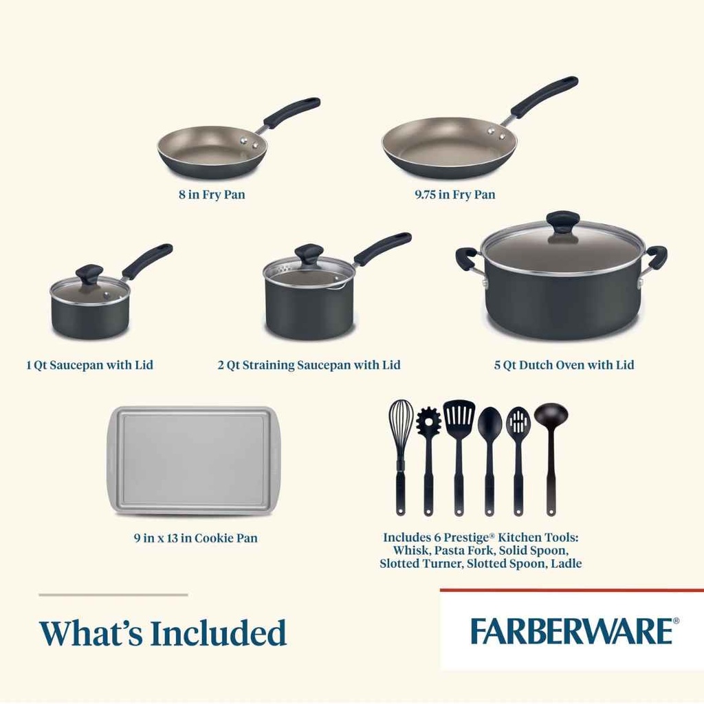 Faberware Aluminum Nonstick Cookware Set Pewter 15pc