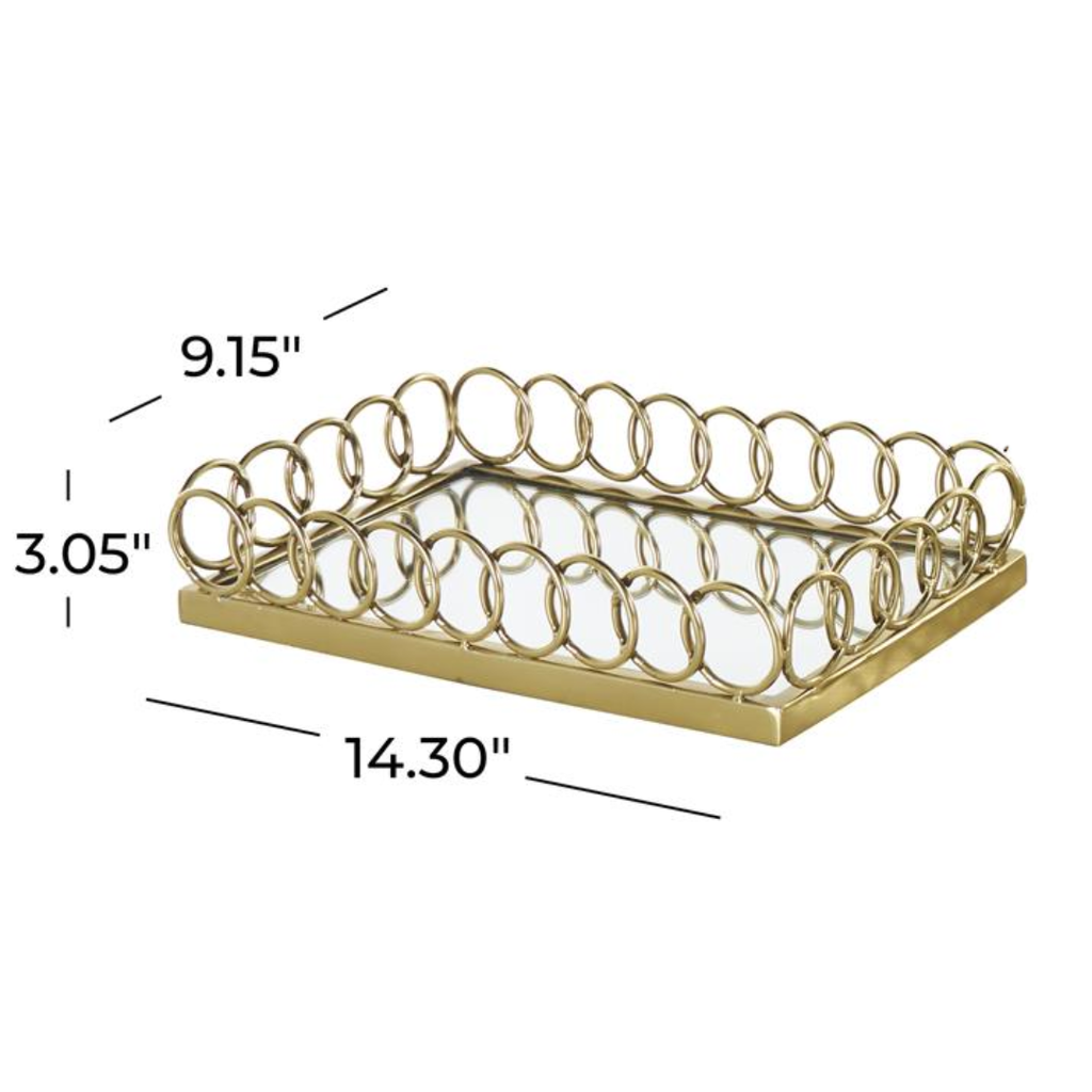 Mirrored Tray With Gold Rings Frame 14in